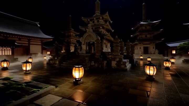 Lantern-lit temple courtyard at Kōyasan, Japan