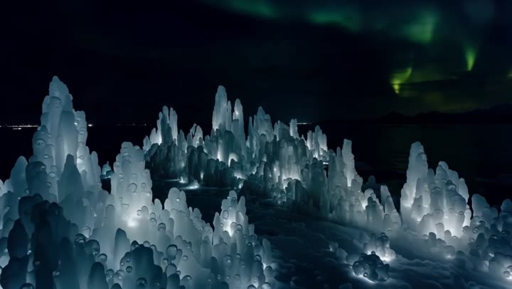 Aurora over ice formations at Lake Baikal, Siberia