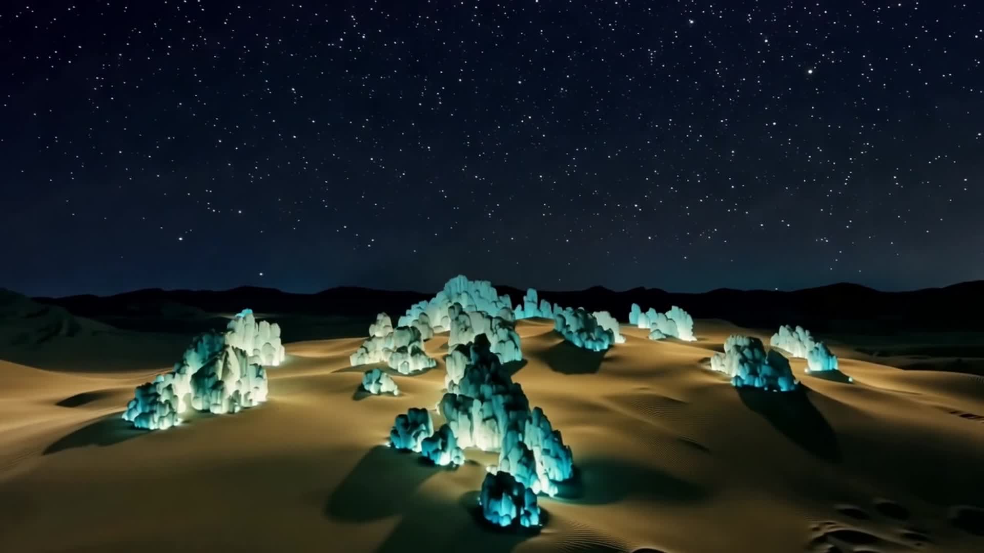 Golden dunes beneath a vast starfield with glowing crystalline formations, Lut Desert, Iran