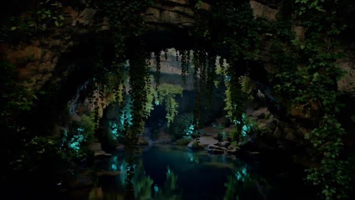 Vine-draped cenote with turquoise water, Yucatán, Mexico