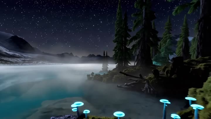 Starlit alpine lake and glowing mushrooms in Banff, Canada